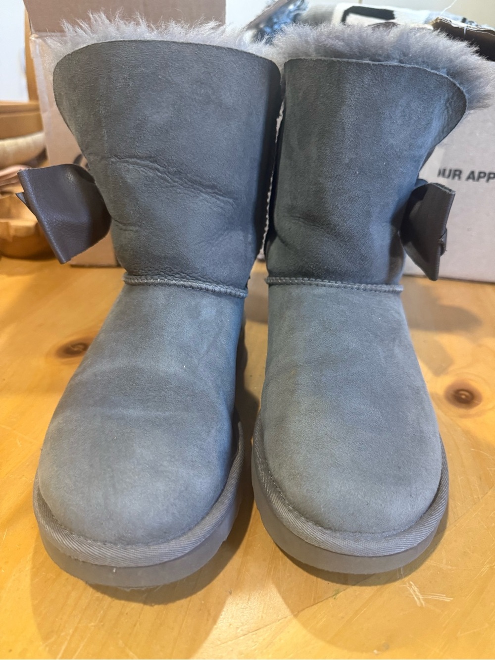 UGG Gray Suede Short Shearling Boots with Bow